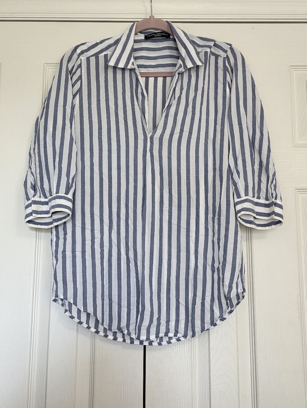 Pietro Brunelli Relaxed Striped V-Neck Button-Cuff Pull-on Shirt - Blue/White
